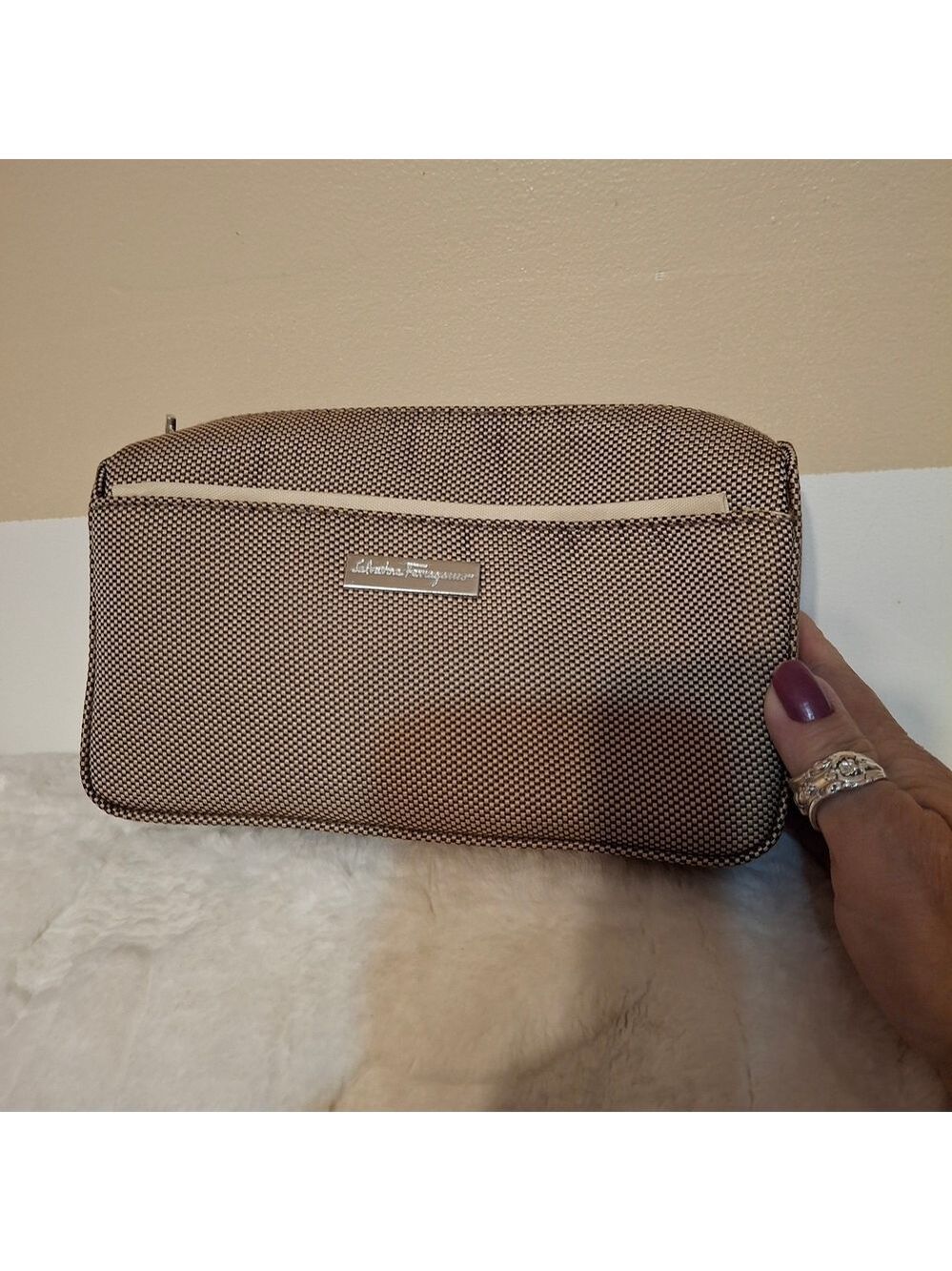 Salvatore Ferragamo Brown and Cream Clutch Tolitries Bag